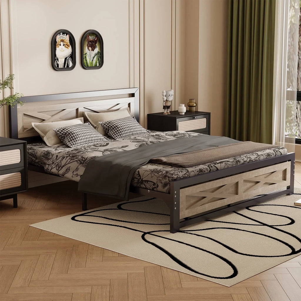 Behost Twin Bed Frame with Headboard and Underbed Storage, Metal Wood Platform Bed Frame Twin, No Box Spring Needed