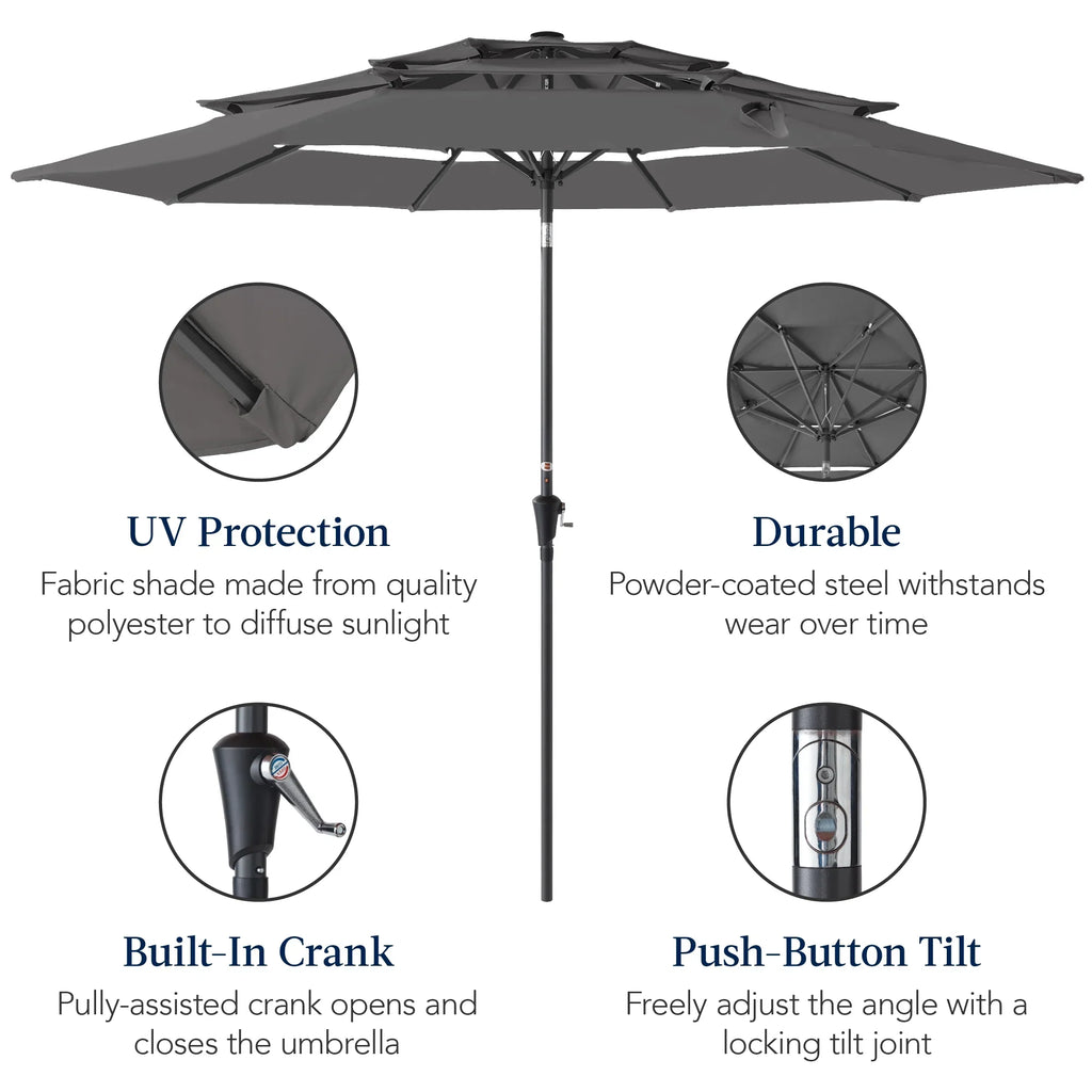 Best Choice Products 10ft 3-Tier Patio Umbrella, Market Sun Shade w/ Tilt Adjustment, Easy Crank - Red