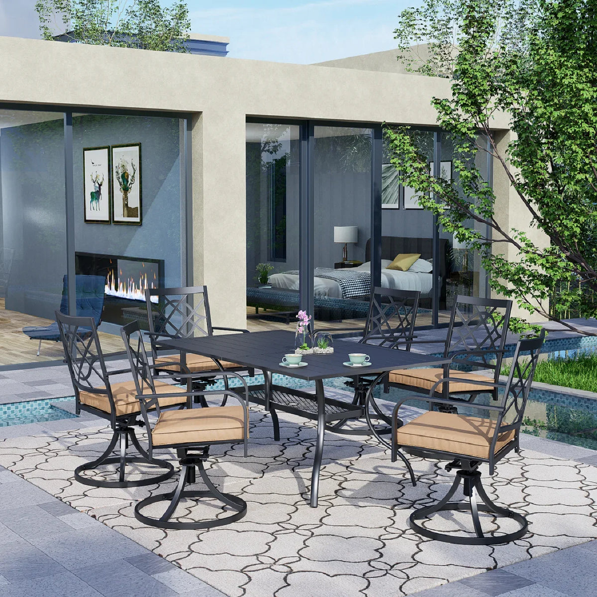 SUNCROWN 5-Piece Outdoor Wrought Iron Chairs and Table Patio Dining Furniture Set - 4 Stackable Metal Chairs, 1 Steel Slat Bistro Table and 1 Sky Blue 9Ft Patio Umbrella for Garden Backyard Deck