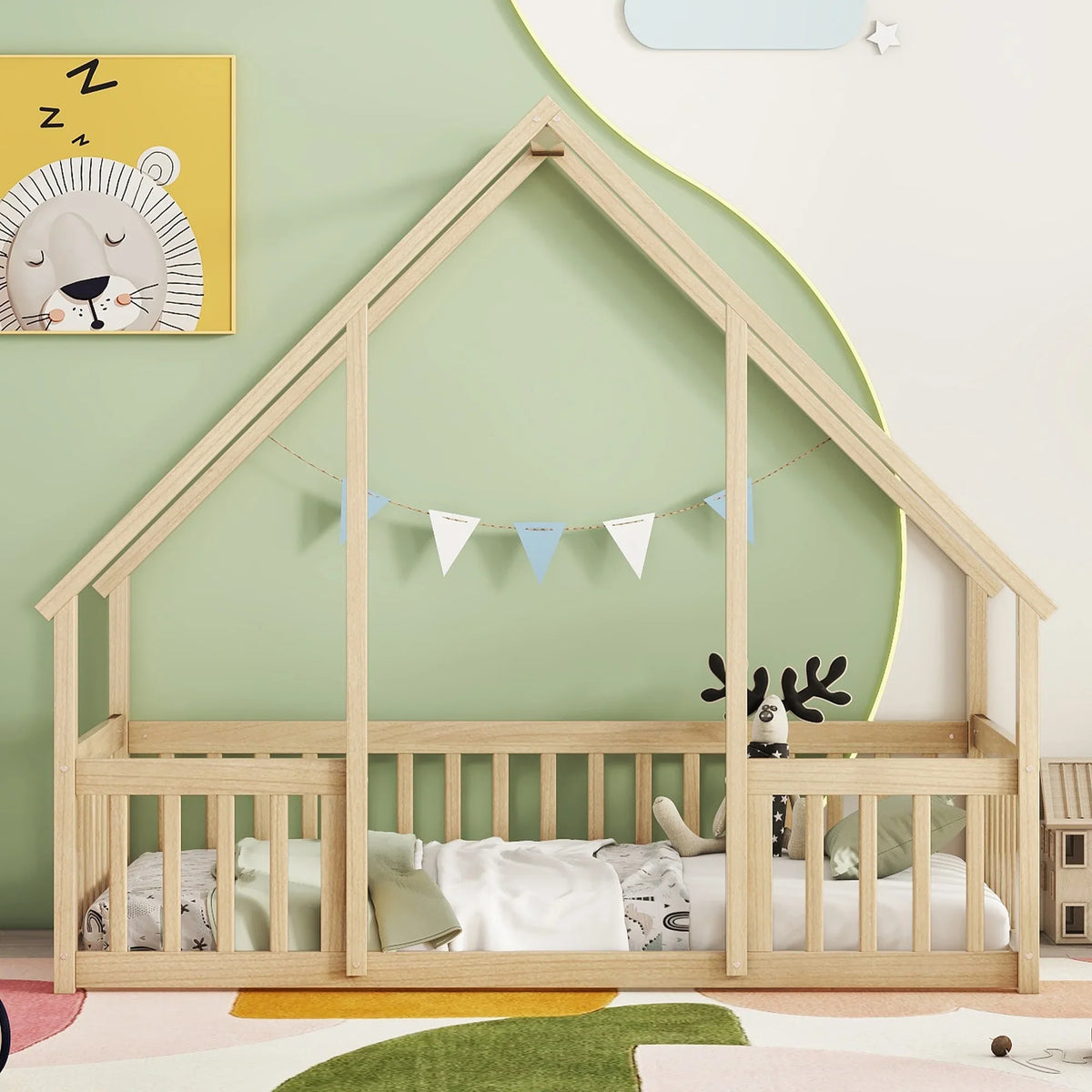 Bellemave Twin Size Floor Bed Frame, Wooden House Bed Twin Size with Fence, Montessori Bed with Guardrails for Bedroom (White)