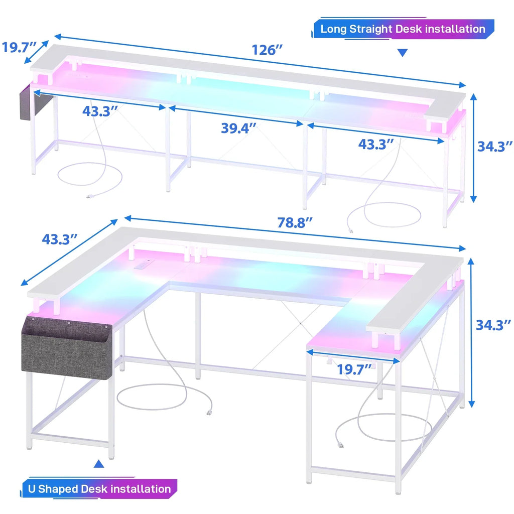 Yesfashion U Shaped Computer Gaming Desk, Reversible L Shaped Desk with Power Outlets, LED Strip & Monitor Stand, Large Corner Desk with Storage Shelves