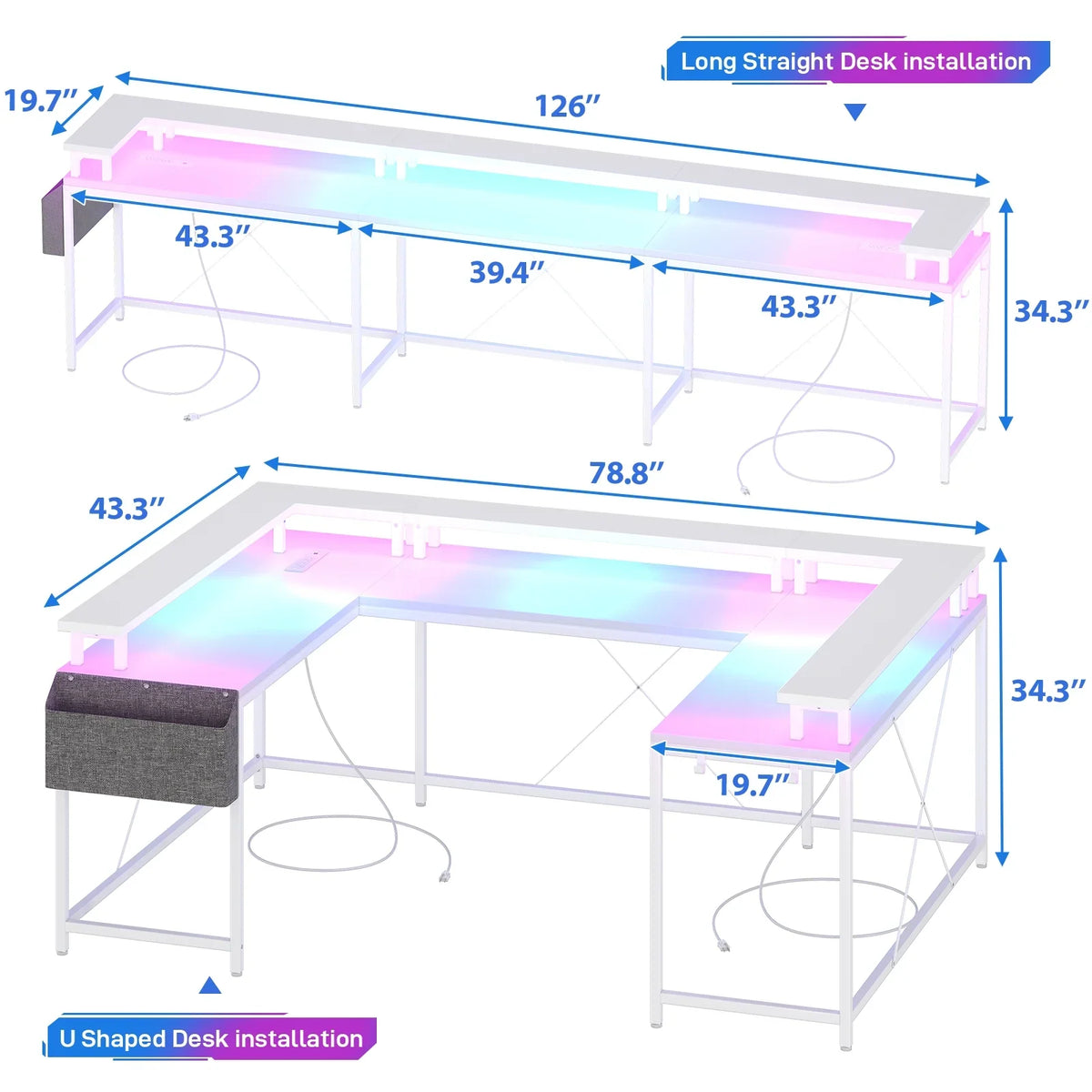 Yesfashion U Shaped Computer Gaming Desk, Reversible L Shaped Desk with Power Outlets, LED Strip & Monitor Stand, Large Corner Desk with Storage Shelves