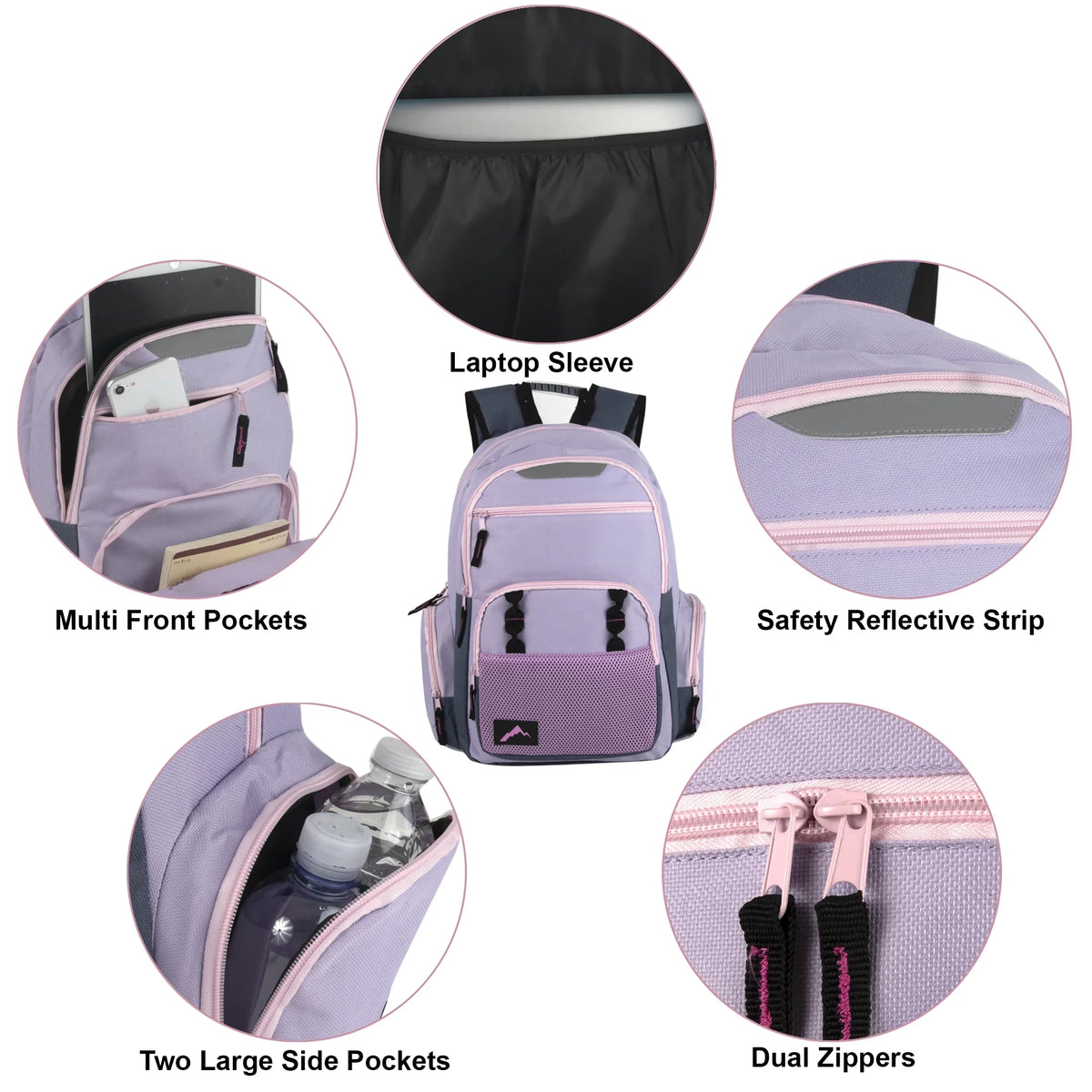 24 Pack of Bulk Wholesale Heavy Duty, Reflective, Dual Compartment, Multi-Pocket, Laptop Backpacks for Work, School, College, Classrooms, Charity and Homeless Donation in Male Colors Pack
