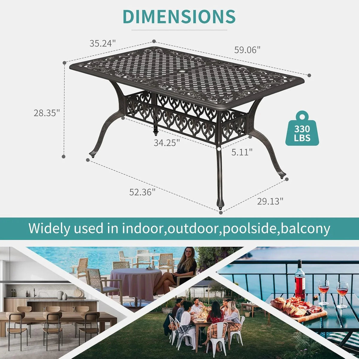 59.06" Cast Aluminum Outdoor Dining Table for 6� People, Rust-Resistant All-Weather Metal Patio Table with 2" Umbrella Hole, Heavy-Duty Garden Furniture for Deck, Backyard, Dark Bronze, Only Desk