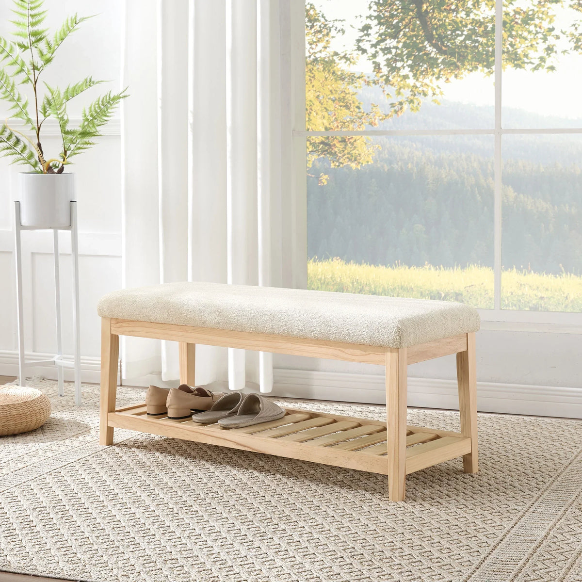 Zesthouse 42.9�?Shoe Bench with Storage, Entryway Bench for Living Room, Bedroom and Hallway, Linen Fabric Upholstered Bench with Solid Wood Shelf, Gray
