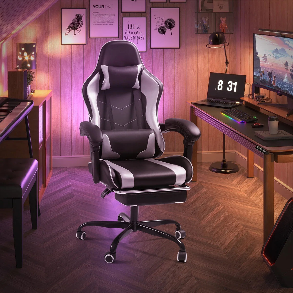 Lacoo PU Leather Gaming Chair Massage Ergonomic Gamer Chair Height Adjustable Computer Chair with Footrest & Lumbar Support, White