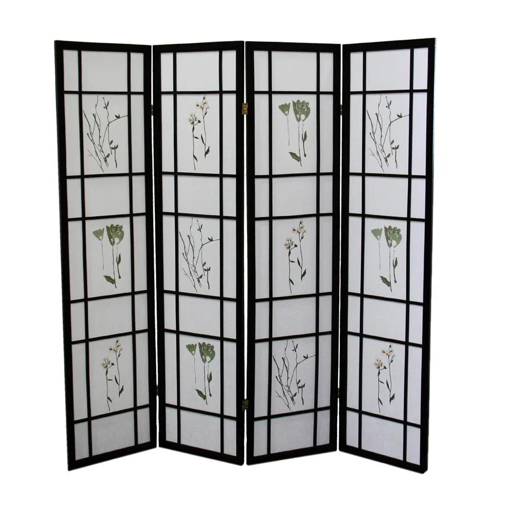 4 Panel Floral Shoji Screen, Room Divider