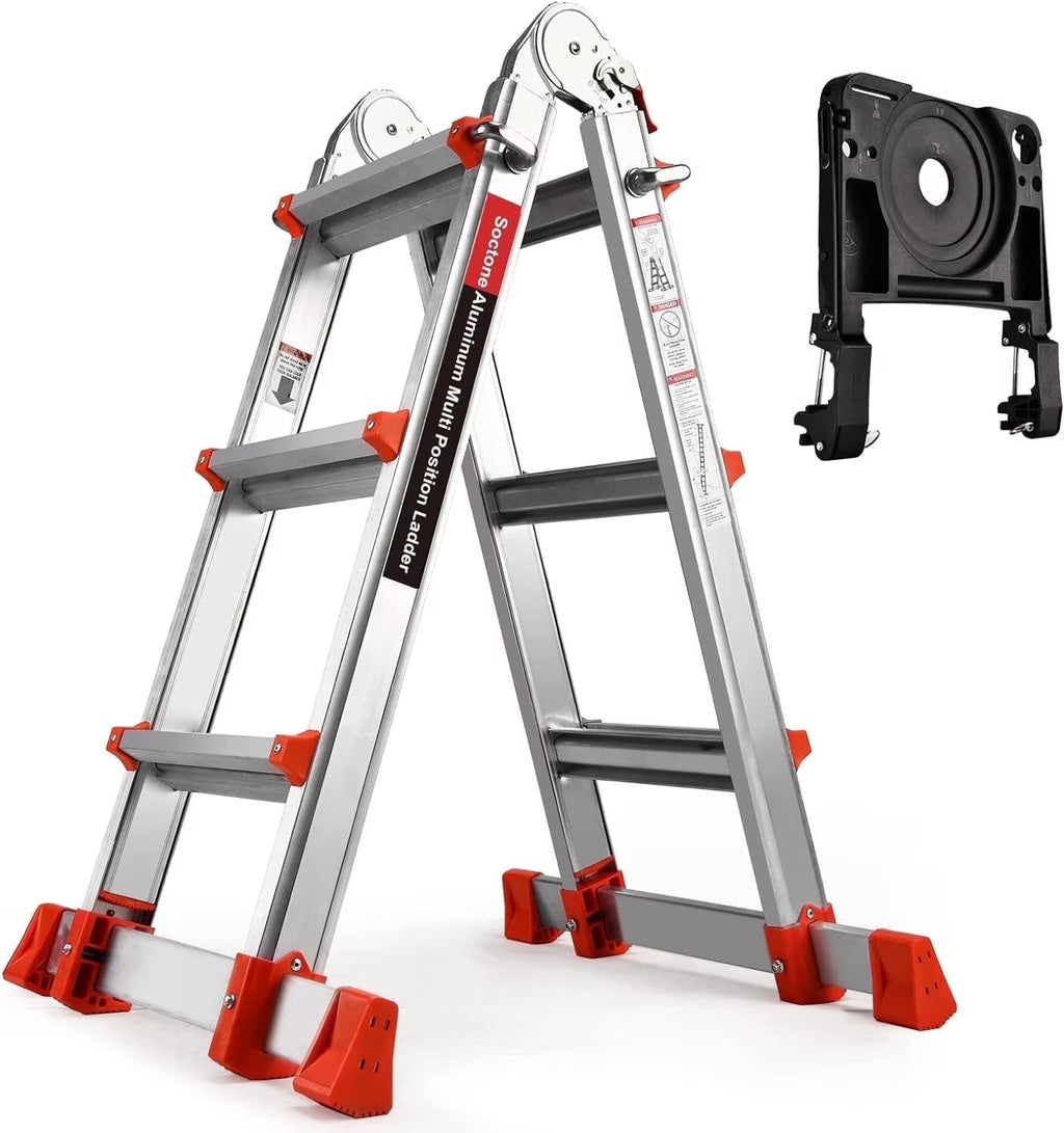 HBTower Ladder, A Frame 4 Step Extension Ladder, 14 Ft Multi Position Ladder with Removable Tool Tray and Stabilizer Bar, 330 lbs Capacity Telescoping Ladder for Household and Outdoor Work