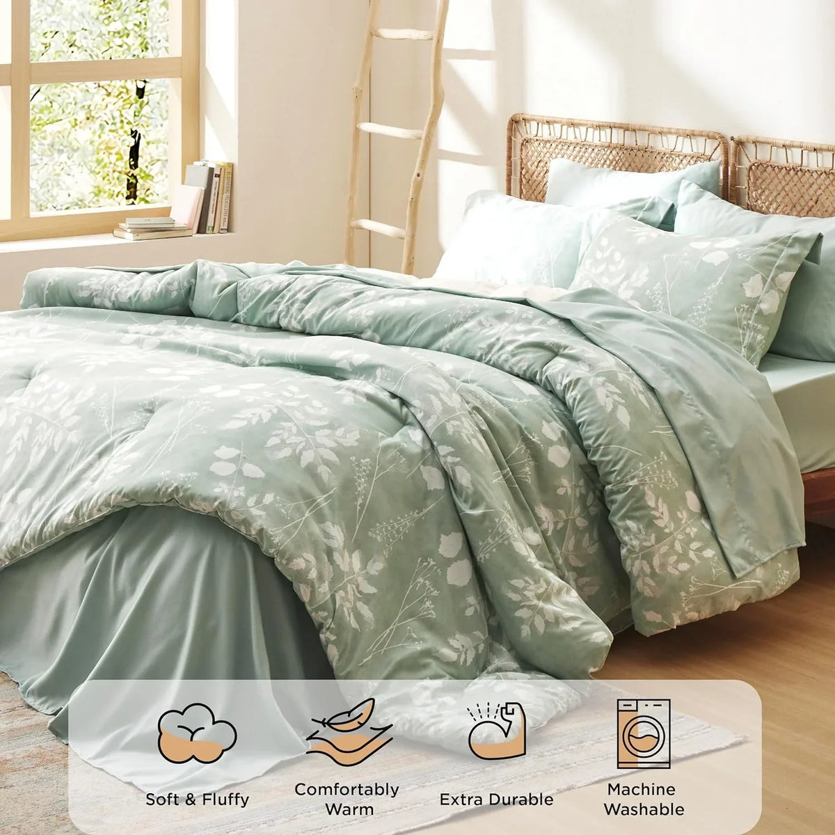 King Comforter Set - 7 Pieces Sage Green Floral Bedding Sets King Bed in a Bag with Botanical Flowers Comforter, Sheets, Pillowcases & Shams