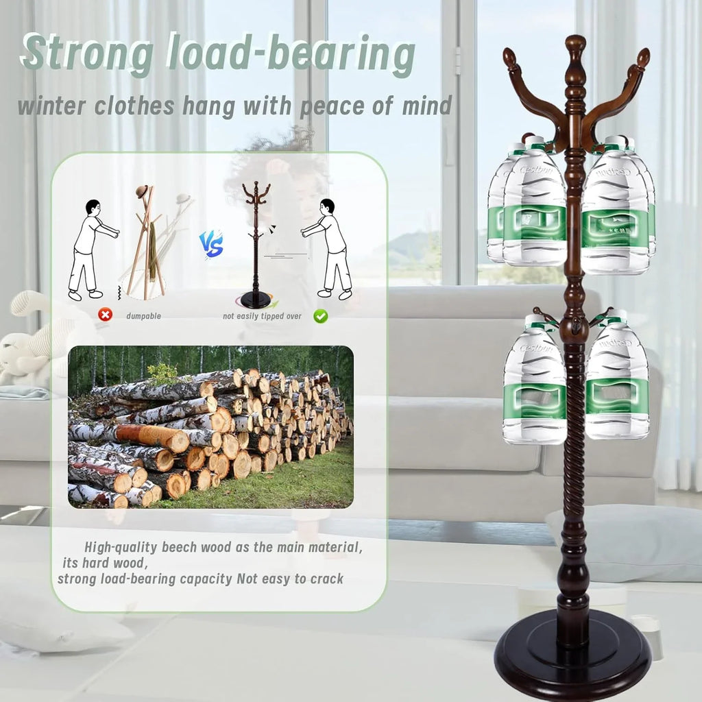 swing 73" Wooden Coat Rack Stand,Coat Racks Freestanding With 14 Hooks And Solid Round Base Heavy Duty Adjustable Height Hall Tree Coat Rack for Entryway Hallway Foyer Office Bedroomf