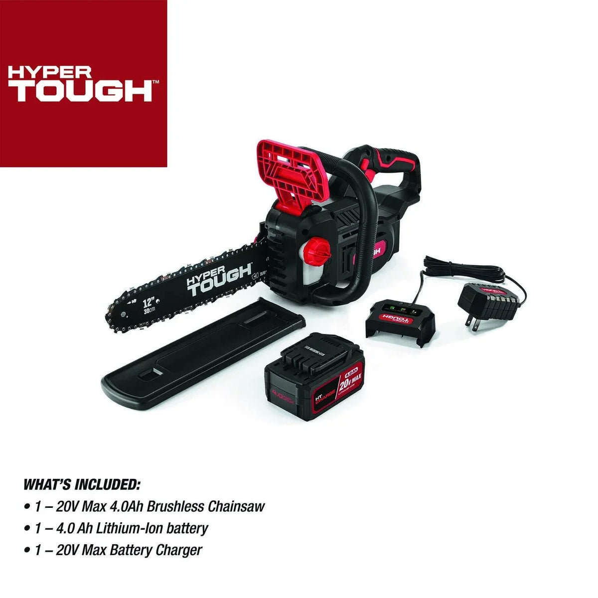 Hyper Tough 20V 4.0Ah Battery Powered 12in Brushless Chainsaw, HT22-401-03-03