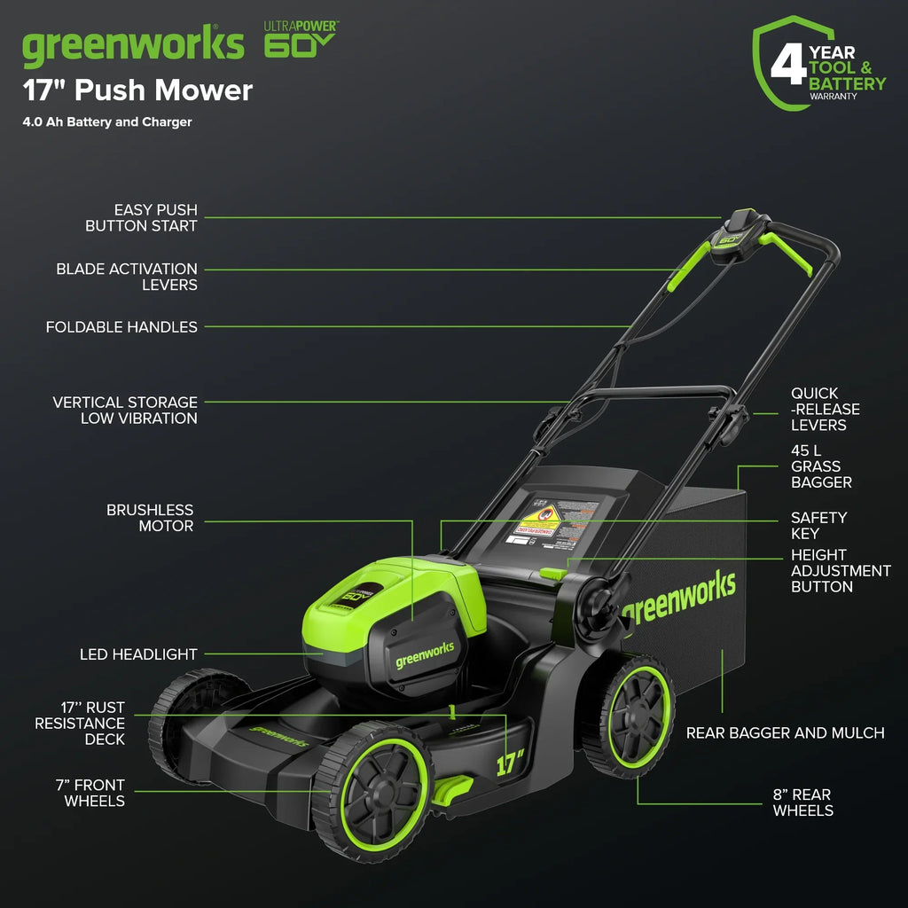 Greenworks 60V 17" Cordless Battery Push Lawn Mower w/ 4.0Ah Battery & Charger