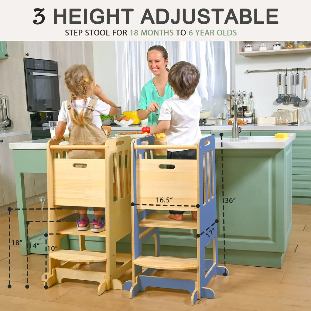 Toddler Standing Tower, Kids Kitchen Stool Helper 3 Levels Adjustable Height Wooden Toddler Step Stools for Learning New Skills