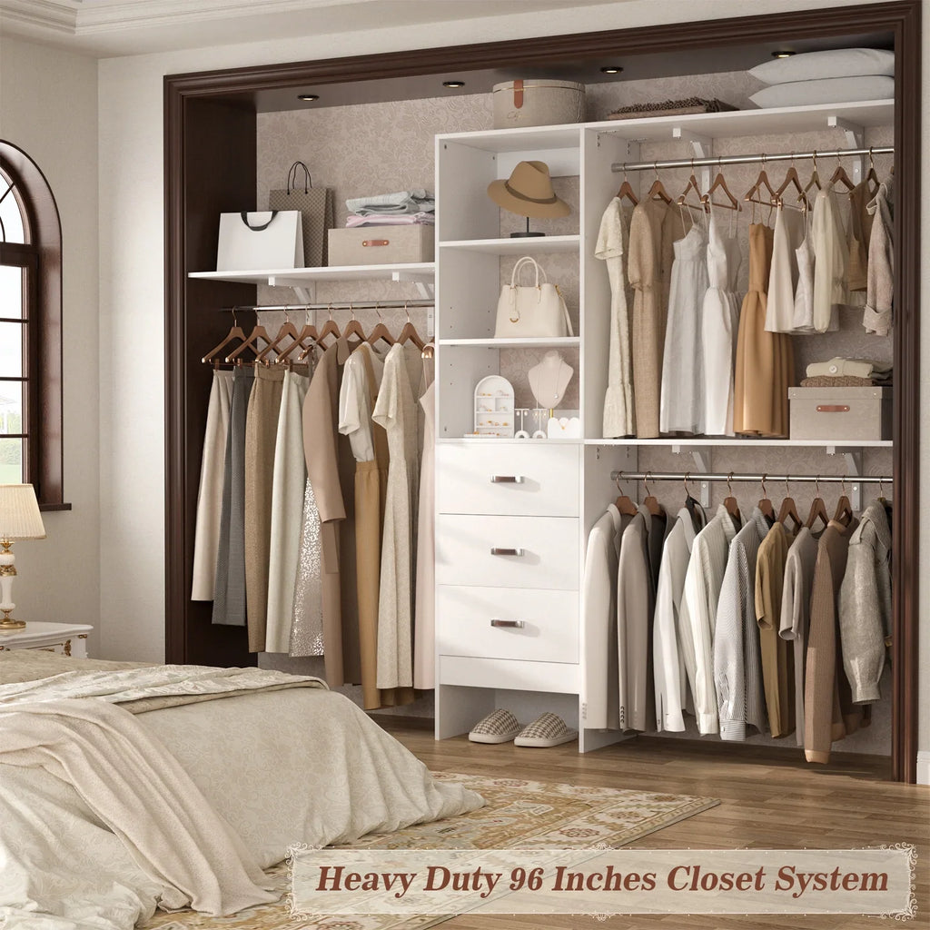 Homieasy 96 Inches Closet System, 8FT Walk In Closet Organizer with 3 Shelving Towers, Heavy Duty Clothes Rack with 3 Drawers, Built-In Garment Rack, 96" L x 16" W x 75" H, White