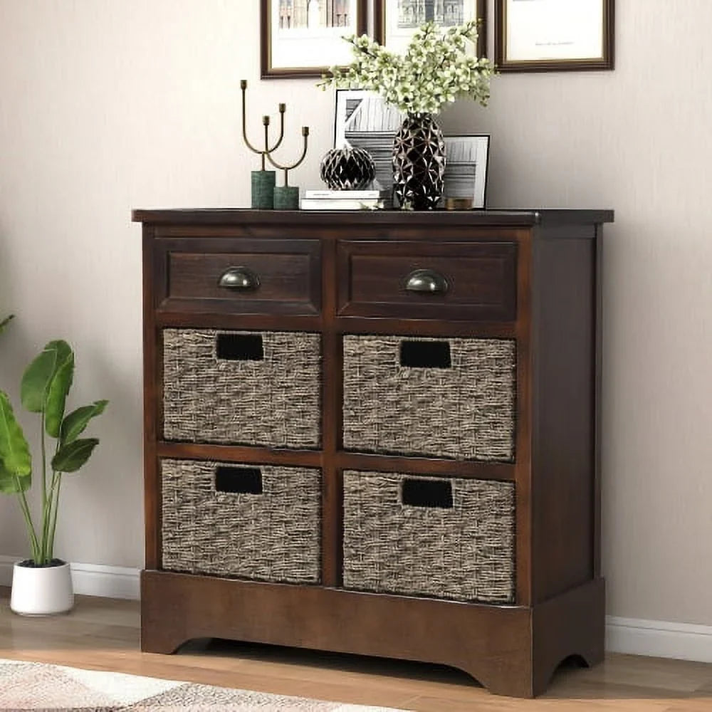 Rustic Storage Cabinet, Wood Accent Cabinet with 2 Drawers and 4 Rattan Baskets,Entryway Console Table Sofa Table for Living Room,Dining Room,White Washed