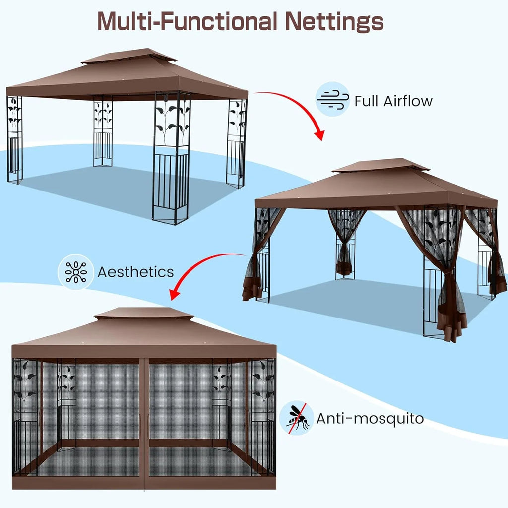 COBIZI 10' x 13' Pop Up Gazebo, Screened Patio Gazebo, Outdoor Steel Double Roof Canopy Tent, Metal Frame Canopy with Mosquito Netting, Sunshade for Garden, Lawns, Gray