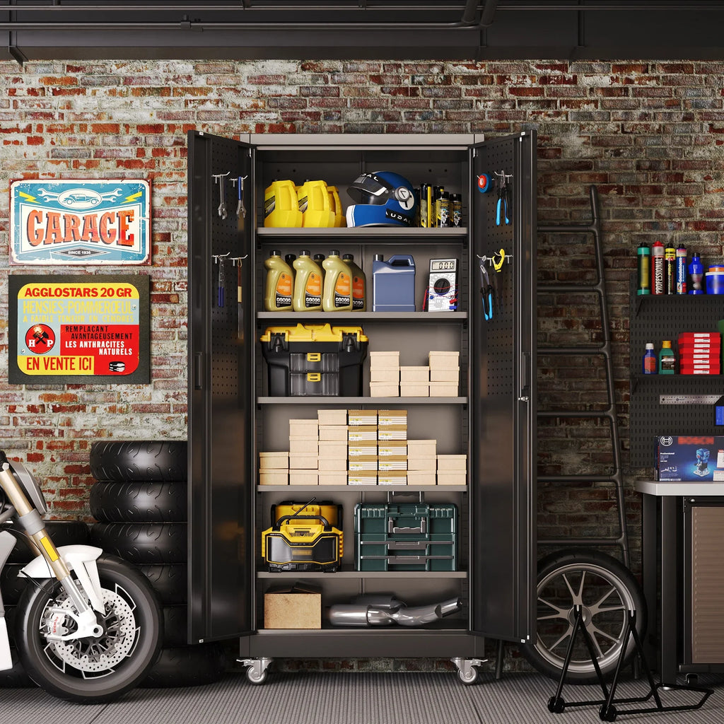 GangMei 71 inches Tall Metal Rolling Garage Storage Cabinets with Locking Doors and 5 Adjustable Shelves, Metal Storage Cabinet for Garage, Office, Home, Classroom, Assemble Required(Black)