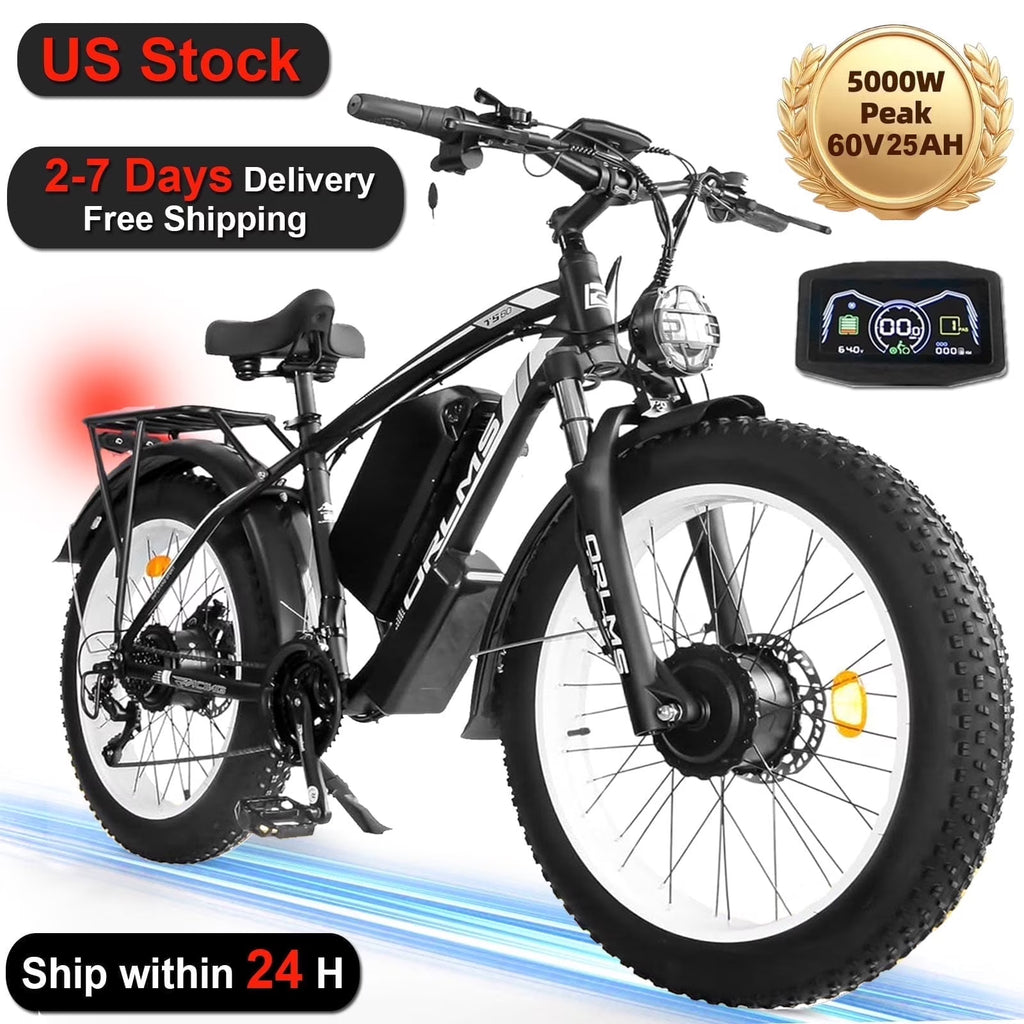 (US in Stock) 5000W Peak Dual Motor Electric Bike for Adults, 60V 25AH Removable Battery Ebike, 50MPH AWD 21-Speed Mountain Snow E-Bike with 26" x 4.0 Fat Tire, Long Range Mountain Off-Road EBikes