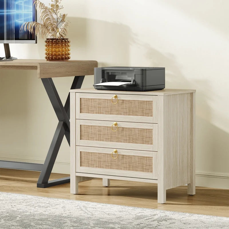 Surmoby Oak Boho 3-Drawer Nightstand Set of 2 - Extra Wide Storage Night Stand with Gold Handles Large&Tall Bed Side Table for Bedroom Living Room Enterway