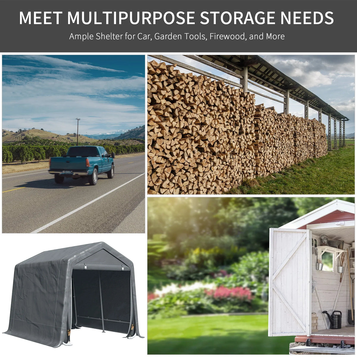Outsunny 6'x8' Outdoor Storage Shelter with Rollup & Zipper Door, Heavy Duty Carport Shed for Motorcycle Garden Storage, Grey