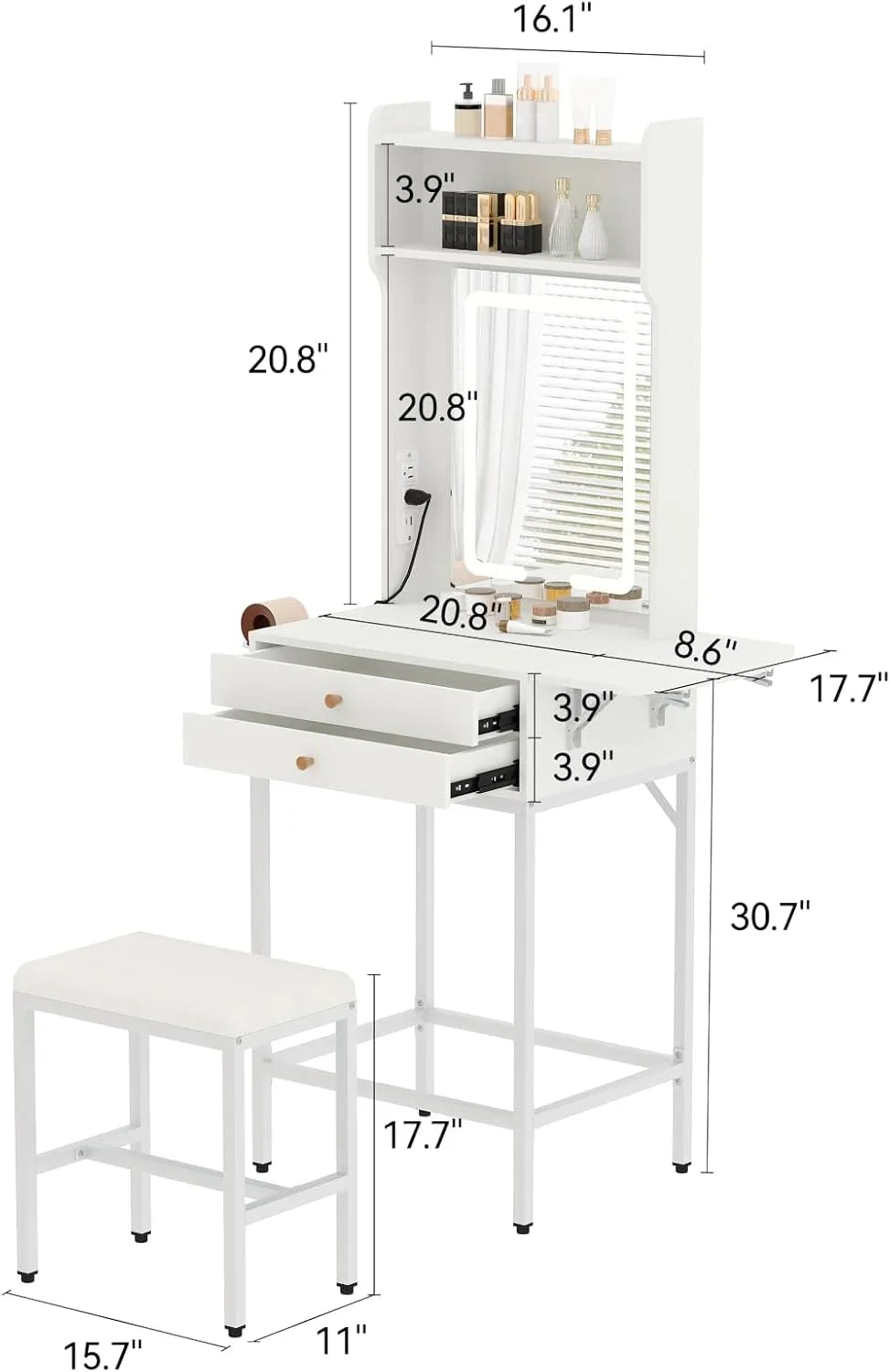 Small Makeup Vanity Desk with Mirror and Lights,Vanity Table Set with Storage Drawer,Hair Dryer Holder,Fold-Up Panel,Stool and Shelves,Compact Makeup Dressing Table for Bedroom Apartments