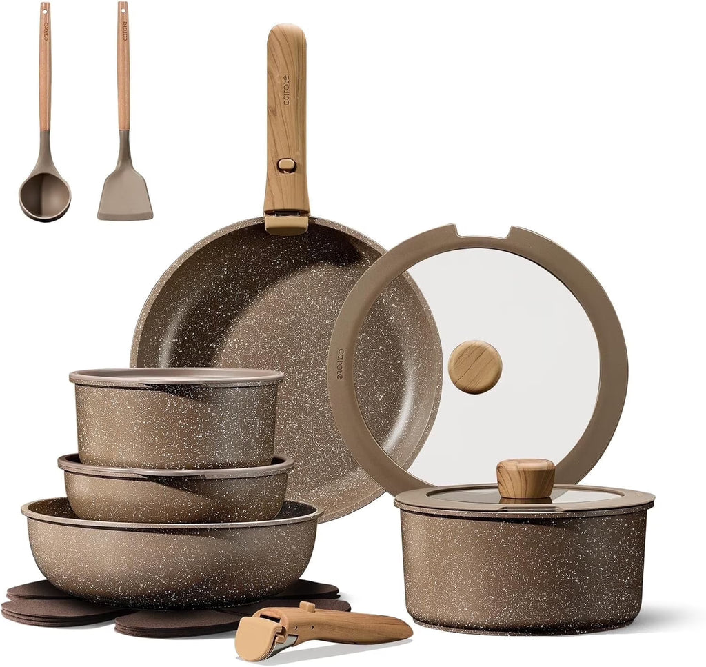 CAROTE 17-Piece Nonstick Cookware Set with Detachable Handle, Induction Compatible, Oven Safe, Brown Pots and Pans for Kitchen & RV