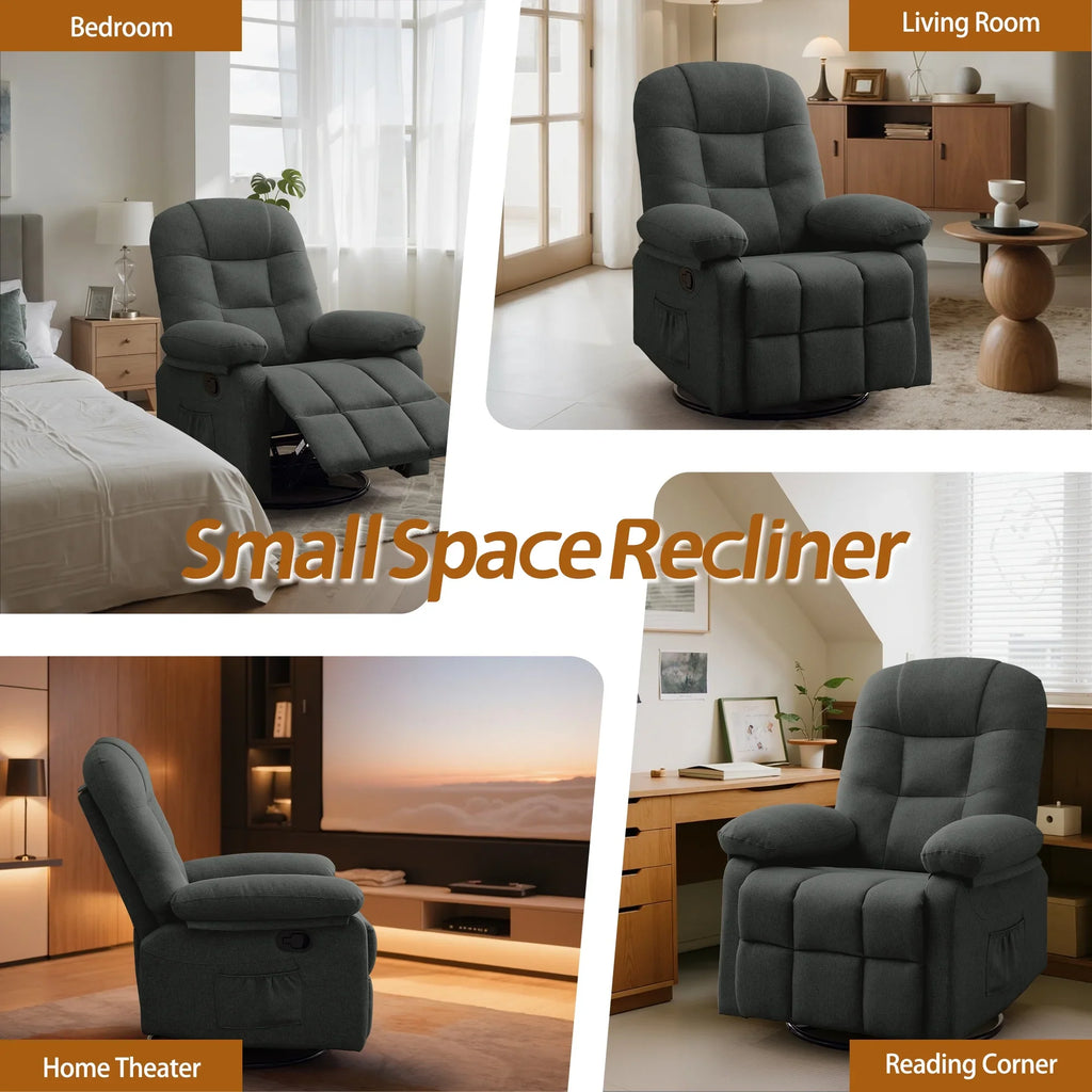 Korser Manual Swivel Rocker Recliner Chair for Living Room,Small Recliner Sofa for Small Spaces,Linen Fabric,Dark Black