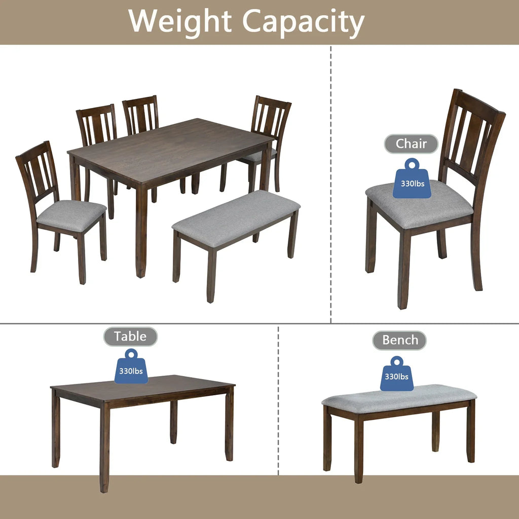 Dining Room Set, LEGAHOME 6 Piece Dining Sets with Bench and Chairs, Solid Wood Kitchen Dining Table Set for 6 with Upholstered Chairs, Gray