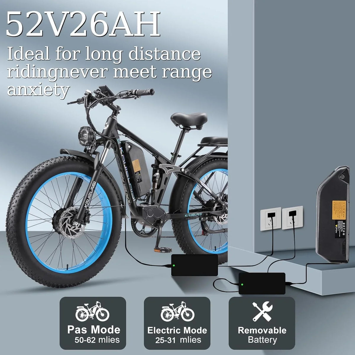 KAIJIELAISI Electric Bike for Adults,AWD Ebikes Dual Motor Peak 6000W, 26'' Fat Tire bikes with 52V 26AH Battery Hydraulic Brake. Electric Bicycle, 7 Speed Mountain EBike UL 2849.