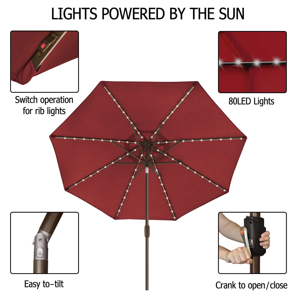 EliteShade Sunbrella Solar Umbrellas 9ft Market Umbrella with 80 LED Lights Patio Umbrellas Outdoor Table Umbrella with Ventilation and 5 Years Non-Fading Top,Ruby