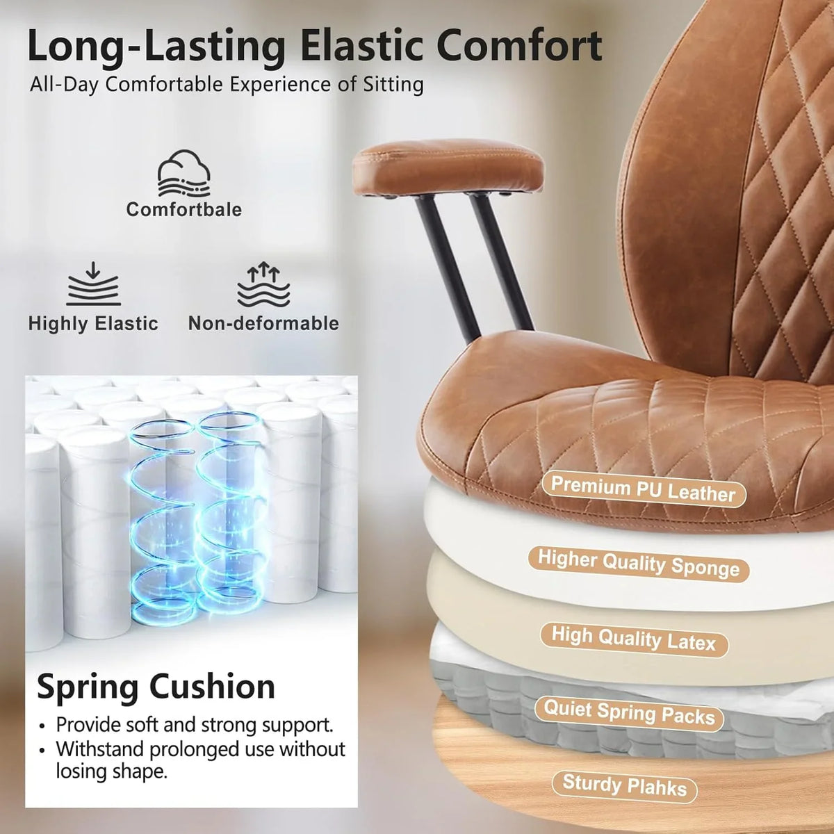 QW Home Office Desk Chair Office Rubber Casters Ergonomic Computer Chair with Lumbar Support Adjustable Height Rolling Swivel Executive Task Armrests Chair. Brown Leather