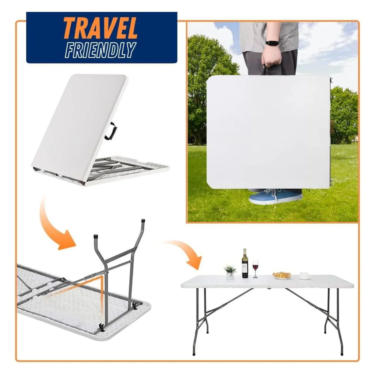 8FT Folding Table Indoor Outdoor Heavy Duty Portable Folding Plastic Dining Table w/Handle, Lock for Picnic, Party, Camping - White (4ft, 6ft, 8ft) (8ft)