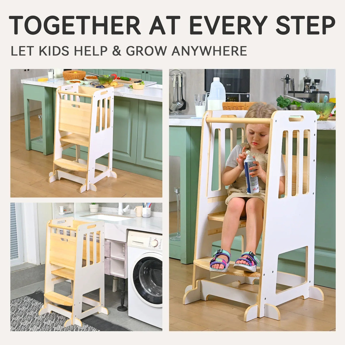 Toddler Standing Tower, Kids Kitchen Stool Helper 3 Levels Adjustable Height Wooden Toddler Step Stools for Learning New Skills