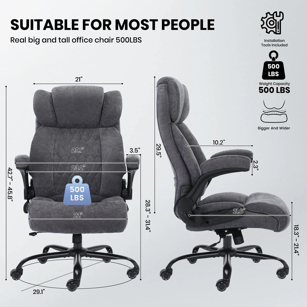 Ninecer 500lbs Big and Tall Office Chair with Inflatable Lumbar Support, Ergonomic Executive Desk Chair with Extra Wide Seat, Adjustable Height Computer Chair, Heavy Duty Leather Office Chair, Black