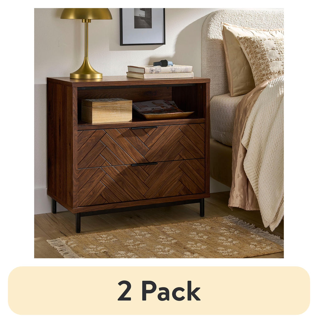 Better Homes & Gardens Wyatt Geo 2-Drawer Nightstand with USB, Walnut Finish