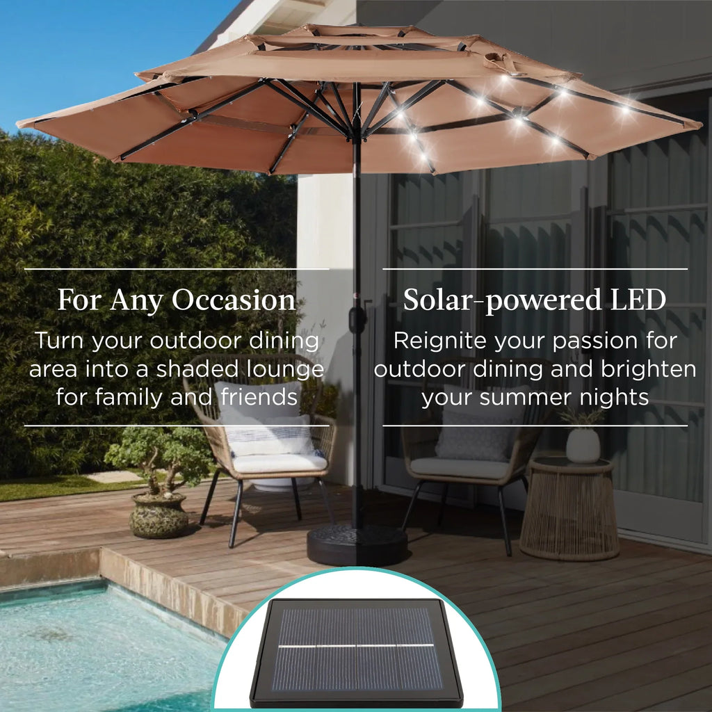 Best Choice Products 10ft 3-Tier Solar Patio Umbrella w/ 24 LED Lights, Tilt Adjustment, Easy Crank - Tan