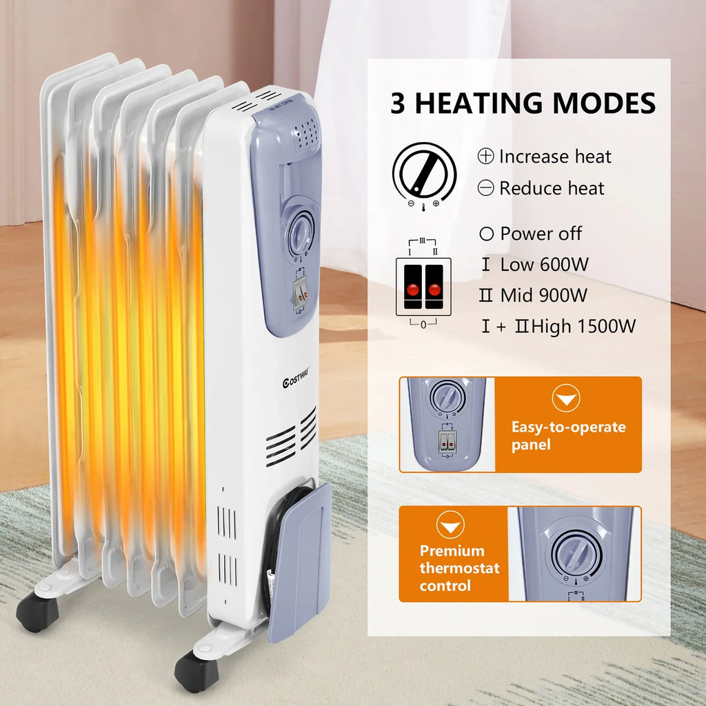 Costway 1500W Electric Oil Filled Radiator Space Heater 7-Fin Thermostat Room Radiant