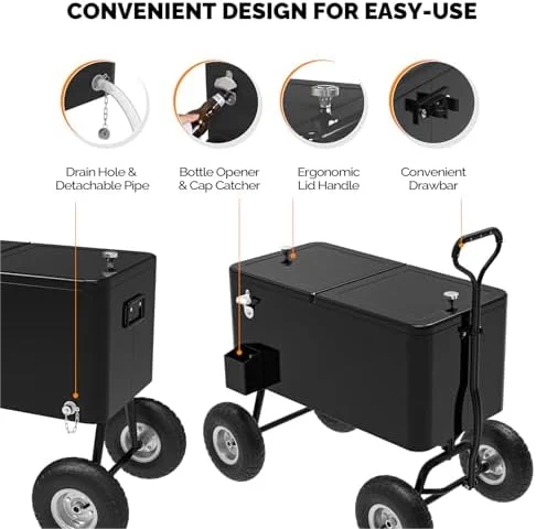 80 Quart Wagon Rolling Cooler Ice Chest, /Long Handle and 10" Wheels, Portable Beach Patio Party Bar Cold Drink Beverage, Outdoor Park Cart on Wheels