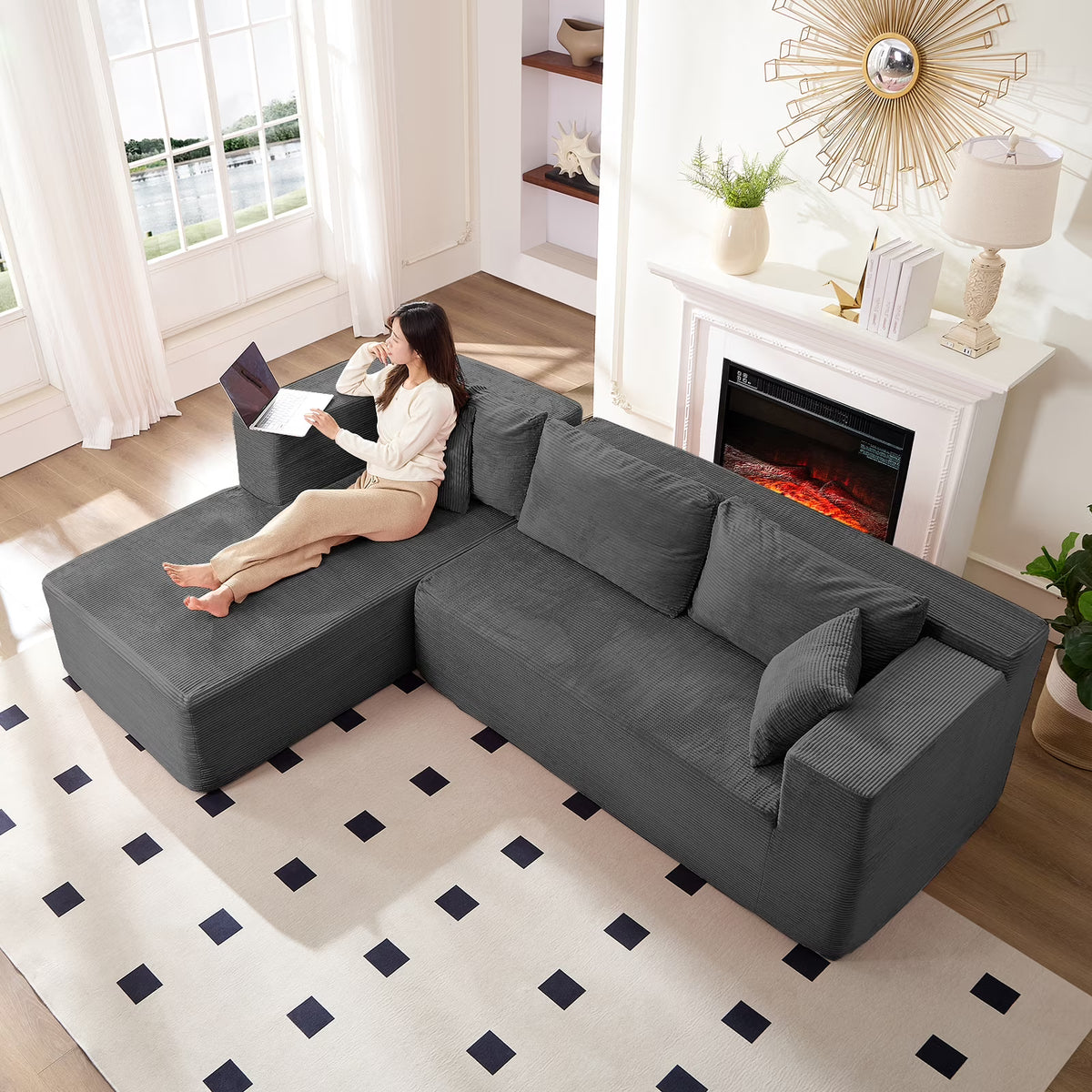 ZAFLY 106" Cloud Sectional Couch with Chaise, No Assembly Required L Shaped Sleeper Sofa, Oversized Deep Seat Modular Couches and Sofas for Living Room - Right, Black