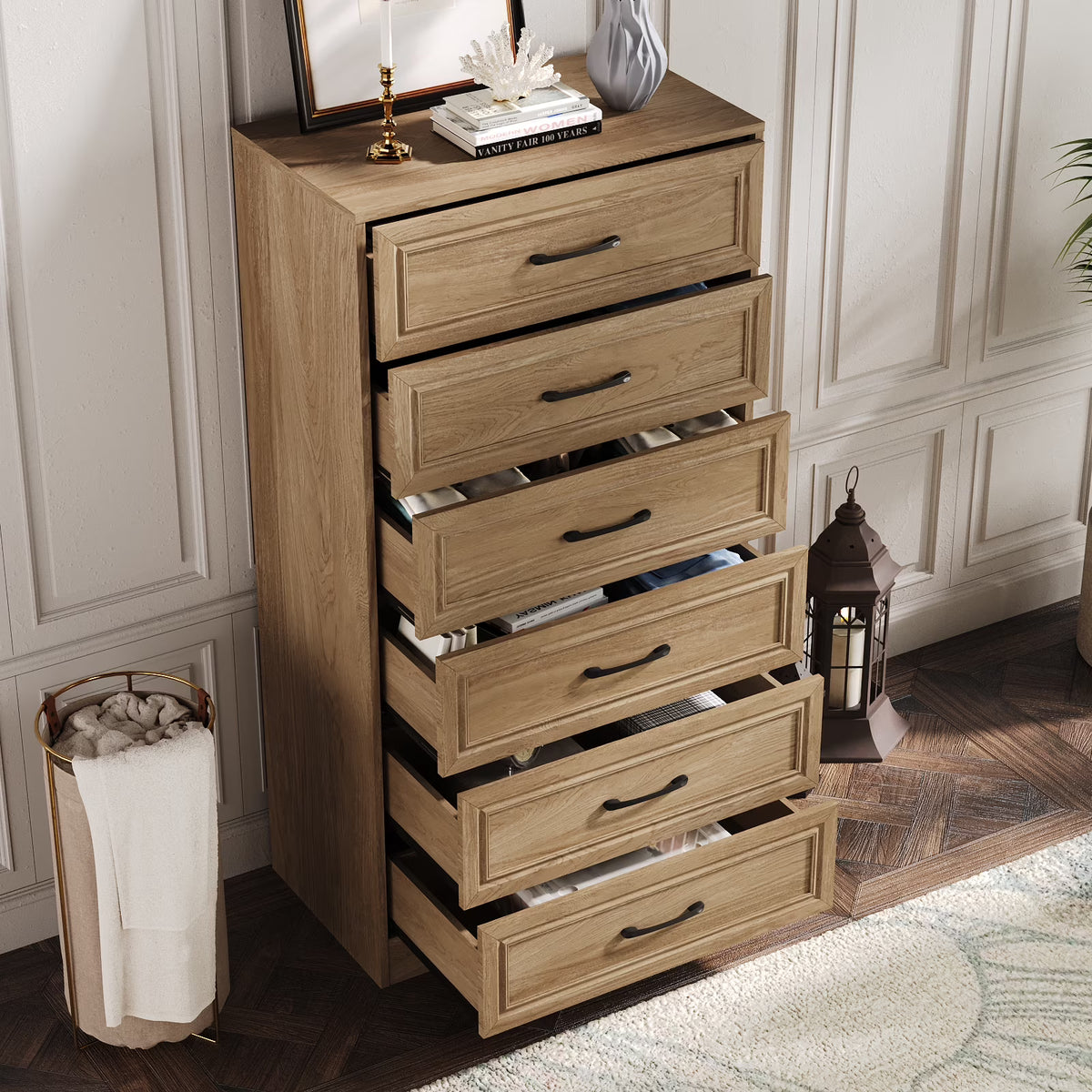 Vabches Farmhouse 5 Drawer Dresser with Metal Handle, Tall Wood Chest of Drawers for Living Room Bedroom,Dark Brown
