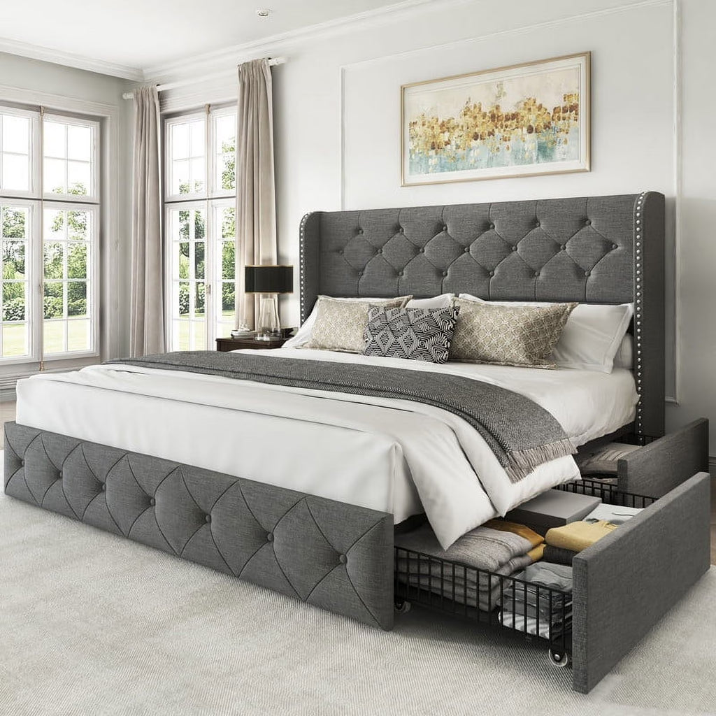 LARMACE Queen Size Platform Bed Frame with 4 Storage Drawers and Tufted Headboard Linen Upholstered Bed Wingback Bed Frame with Wooden Slats Support, Easy Assembly, Light Grey