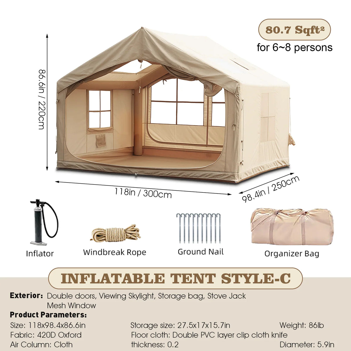 Inflatable Camping Tents 4/6/8/10 Person,129 Square Feets Large Blow up Tent with Stove Jack