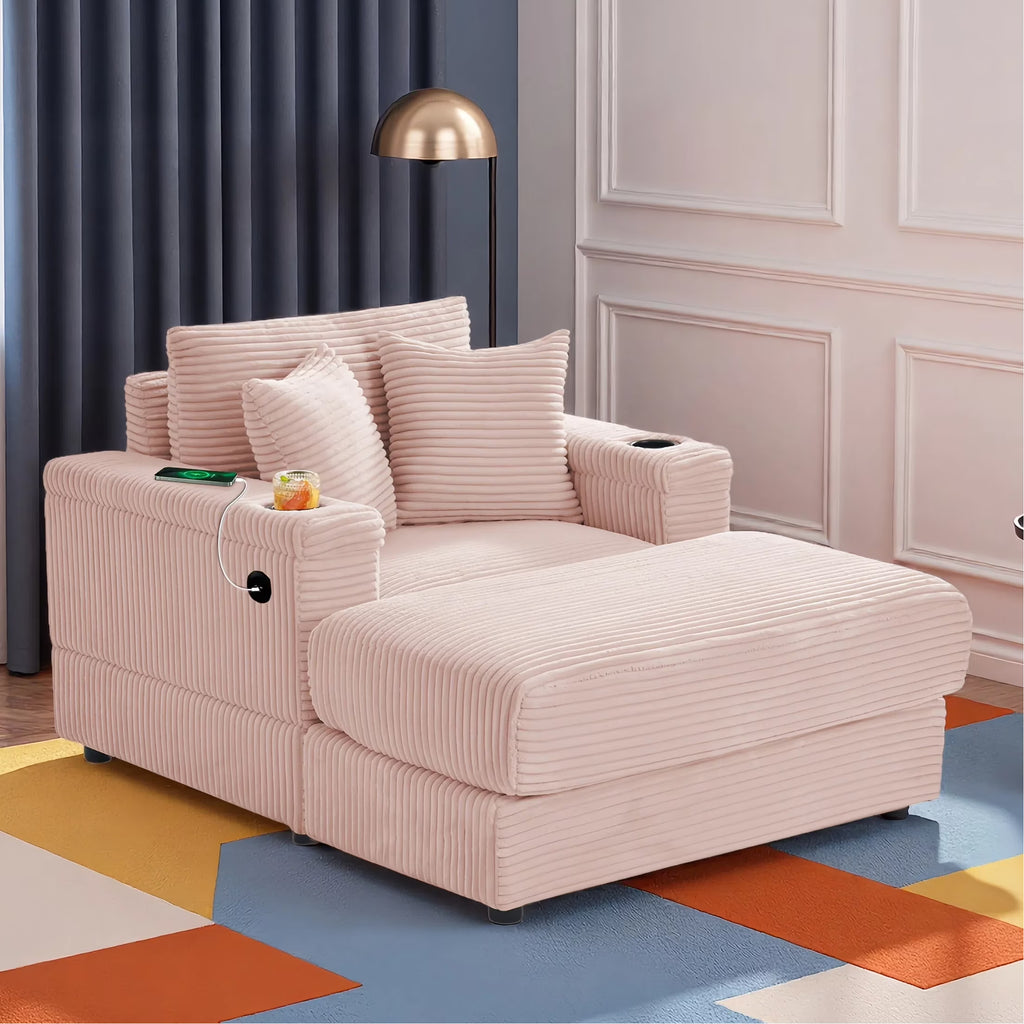 Wiilayok Oversized Lounge Chair Indoor,54" Corduroy Cloud Chaise Lounge Couch Indoor with Ottoman,Cup Holder for Living Room,Bedroom,Beige
