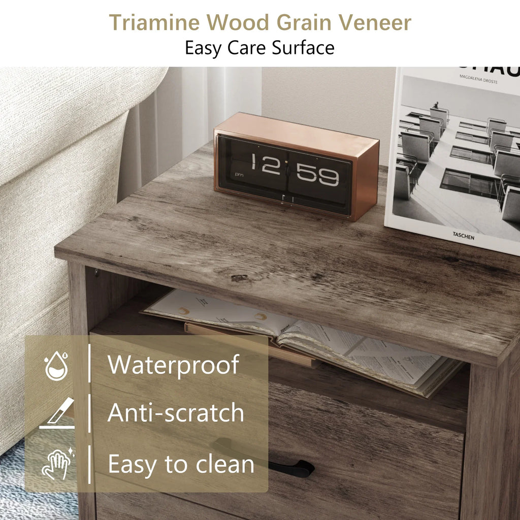 Farmhouse Nightstand with 2 Drawers, Rustic Grey Bedside Table with Open Shelf, Wooden Side End Table for Bedroom