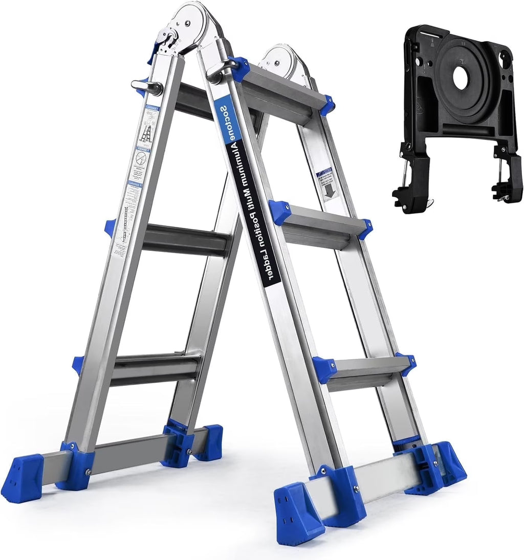 HBTower Ladder, A Frame 4 Step Extension Ladder, 14 Ft Multi Position Ladder with Removable Tool Tray and Stabilizer Bar, 330 lbs Capacity Telescoping Ladder for Household and Outdoor Work