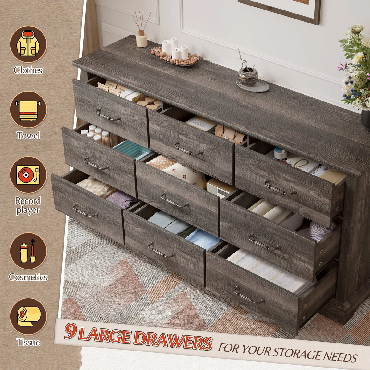 EnHomee Wood Dresser for Bedroom 9 Drawer Dressers&Chest of Drawers 63"L x 15.7"W x 31.5"H,Brown