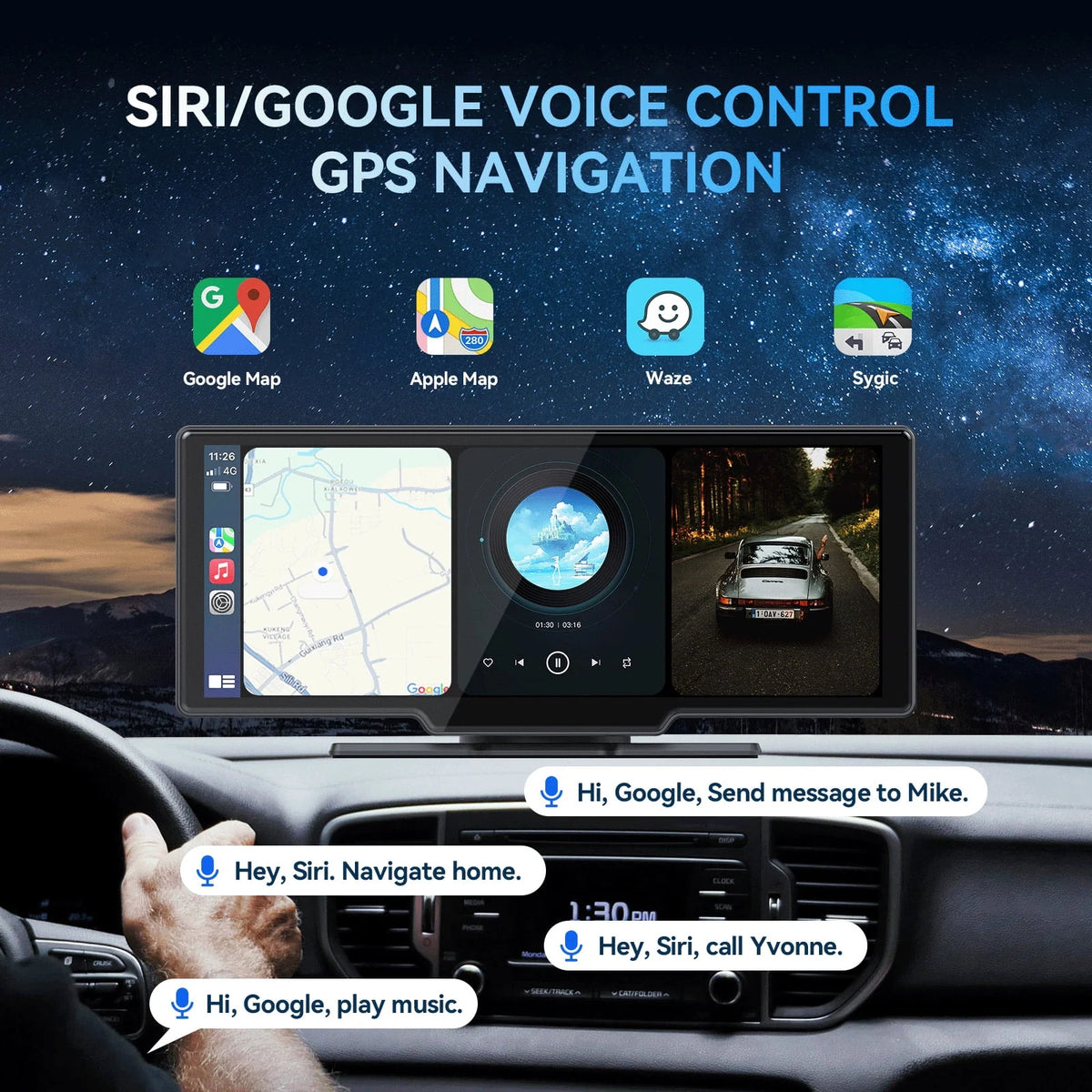 10.26" Wireless Apple Carplay Screen with Android Auto, 4K Dash Cam, Backup Camera, Bluetooth, GPS, Voice Control