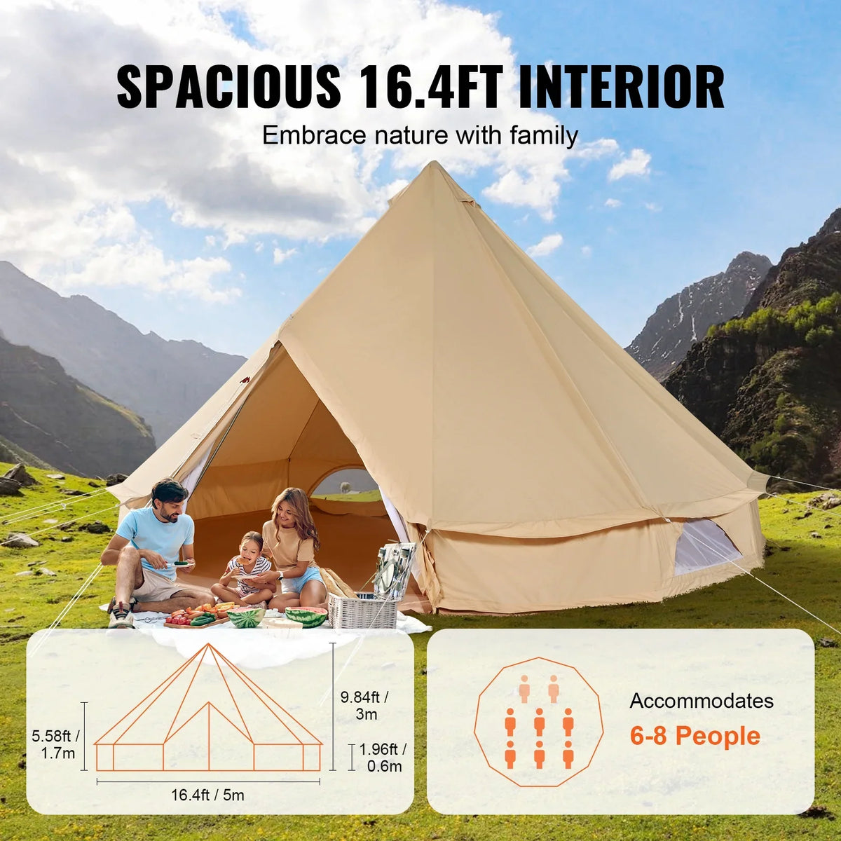 KFFKFF Canvas Bell Tent 5m/16.4ft 4-Season Camping Yurt Tent with Stove Jack
