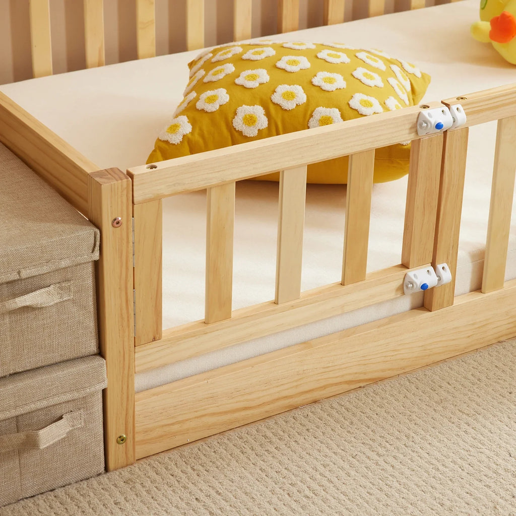 Ktaxon Montessori Twin Floor Bed with Safety Guardrails, Toddler Bed Frame for Kids, Wood Frame - Nature