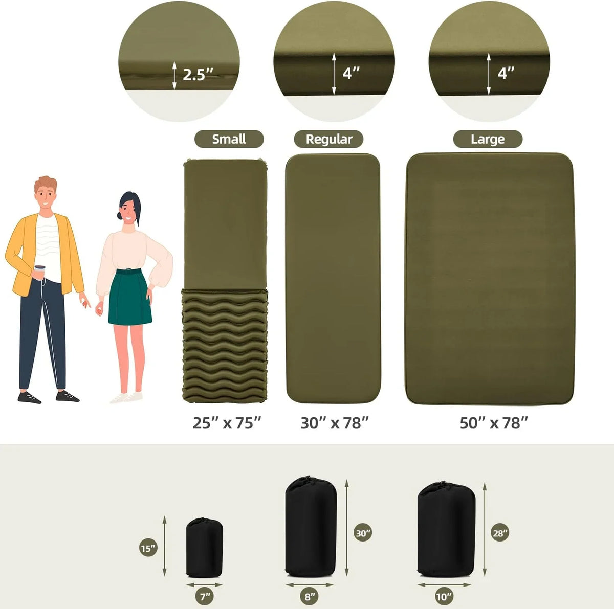 MELLCOM 4" Thick Self Inflating Sleeping Pad, Foam Camping Mattress with Storage Bag, 4-Season Outdoor Inflatable Camping Mat for Car Camping, Traveling, Tent, Green